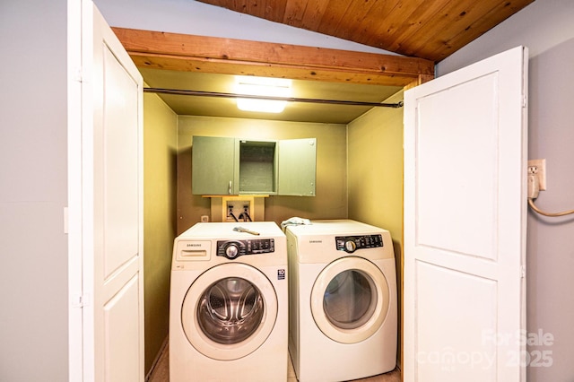 laundry room featuring separate washer and dryer and wood ceiling