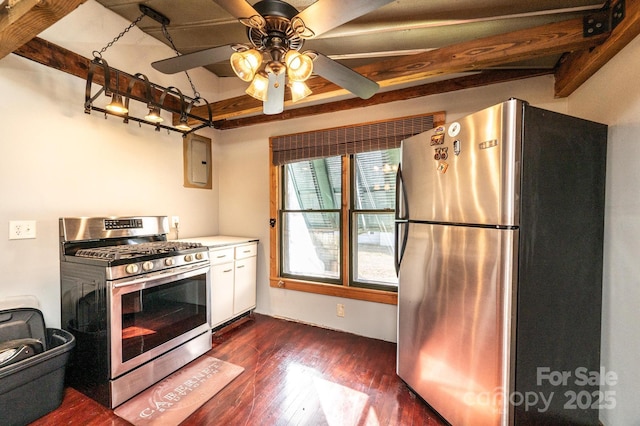 kitchen featuring appliances with stainless steel finishes, electric panel, ceiling fan, dark wood-type flooring, and beam ceiling