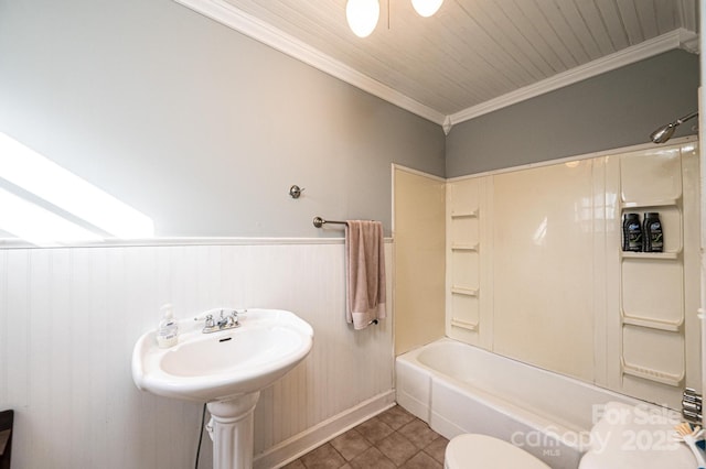 bathroom with toilet, bathing tub / shower combination, crown molding, wood ceiling, and tile patterned flooring