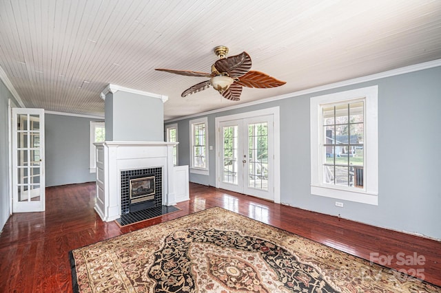 living room with dark hardwood / wood-style flooring, crown molding, french doors, and ceiling fan