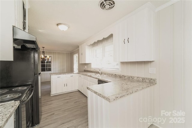 kitchen featuring sink, white cabinetry, stainless steel range with electric stovetop, kitchen peninsula, and pendant lighting