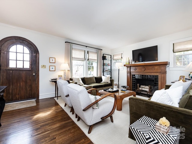 living room featuring dark wood-type flooring, a fireplace, and crown molding