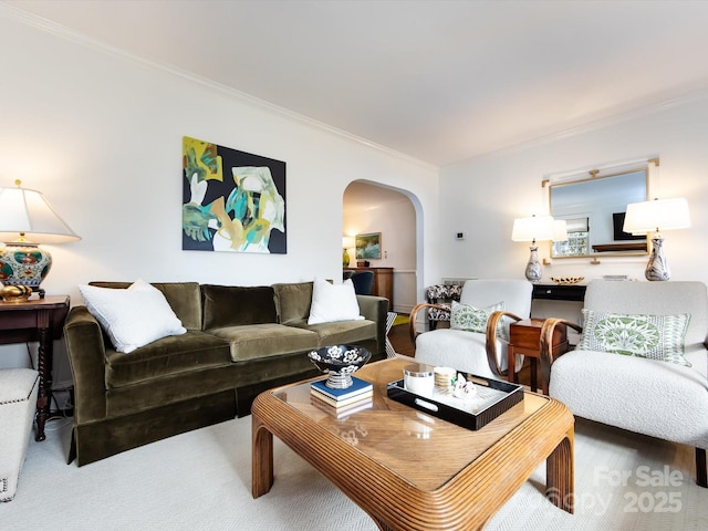 living room featuring crown molding