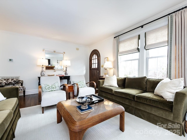 living room featuring hardwood / wood-style flooring and ornamental molding