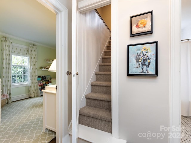 stairs with crown molding