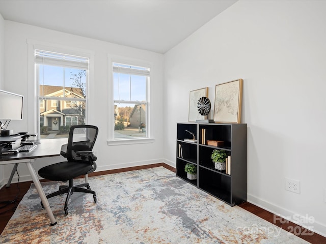 home office featuring dark hardwood / wood-style floors