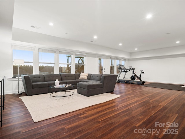 living room featuring dark wood-type flooring