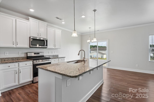 kitchen featuring white cabinetry, sink, a kitchen island with sink, and appliances with stainless steel finishes