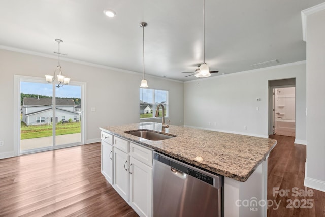 kitchen featuring sink, a center island with sink, stainless steel dishwasher, light stone countertops, and white cabinets