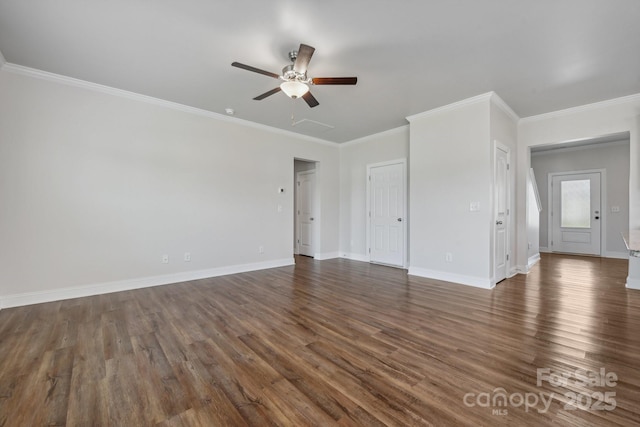 unfurnished living room with ornamental molding, dark hardwood / wood-style floors, and ceiling fan