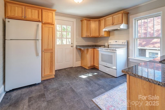 kitchen with dark stone counters, white appliances, and under cabinet range hood