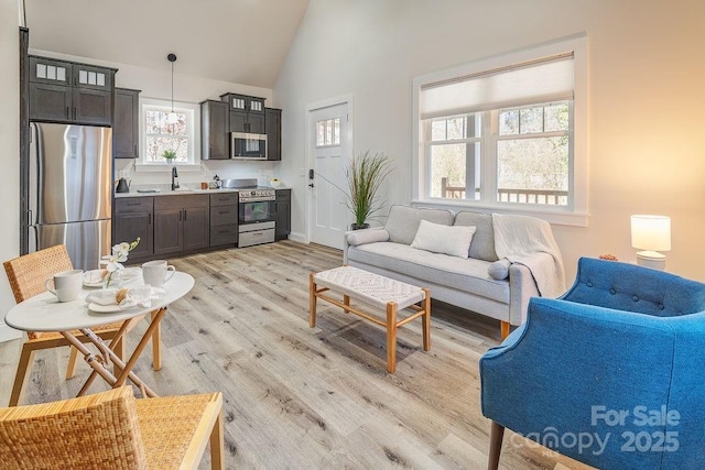 living room featuring high vaulted ceiling and light wood-type flooring