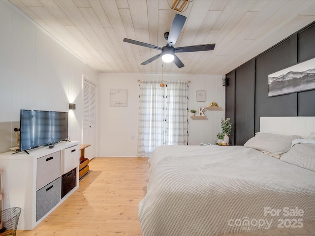 bedroom featuring ceiling fan, wood ceiling, and light hardwood / wood-style floors