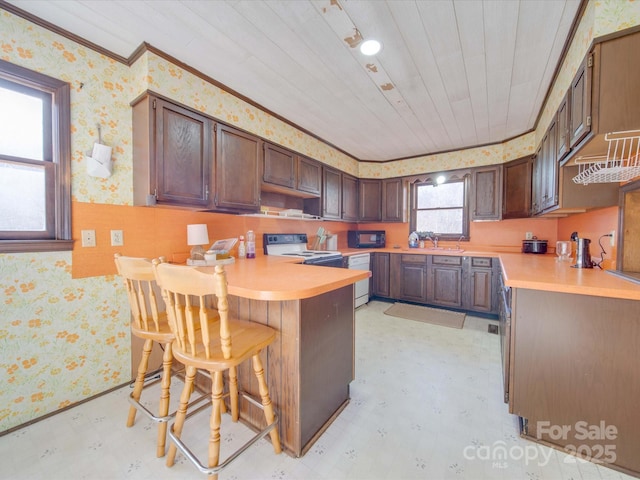 kitchen featuring electric range, a kitchen breakfast bar, ornamental molding, wooden ceiling, and kitchen peninsula