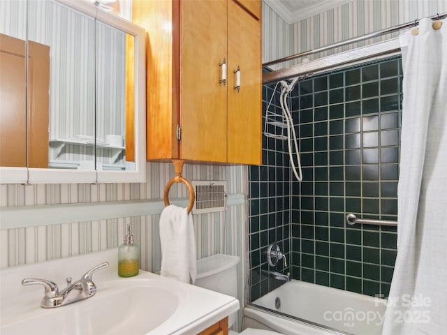 full bathroom with vanity, shower / bath combination with curtain, and toilet