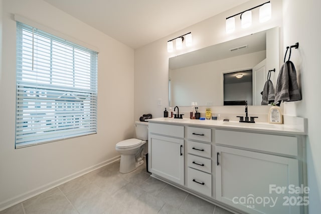 bathroom with vanity, toilet, and tile patterned flooring