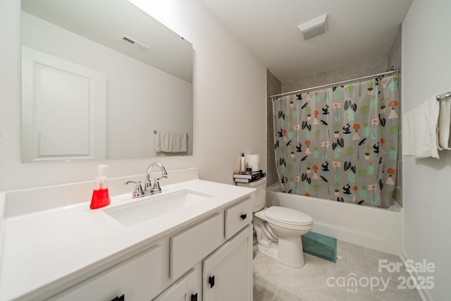 full bathroom with tile patterned flooring, vanity, shower / bath combination with curtain, and toilet