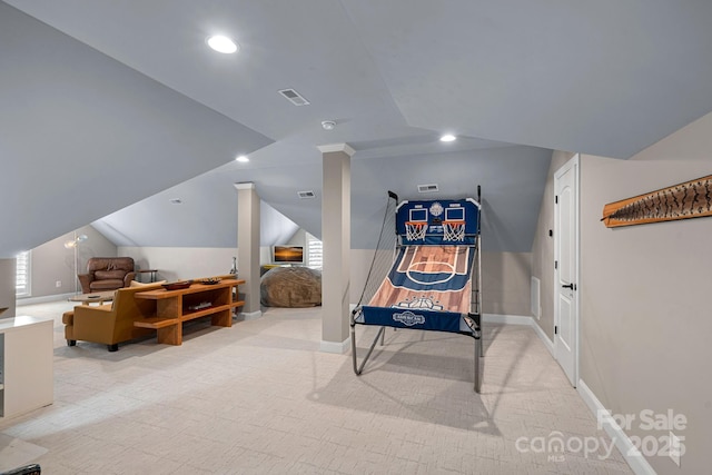 recreation room featuring light carpet, recessed lighting, visible vents, and lofted ceiling