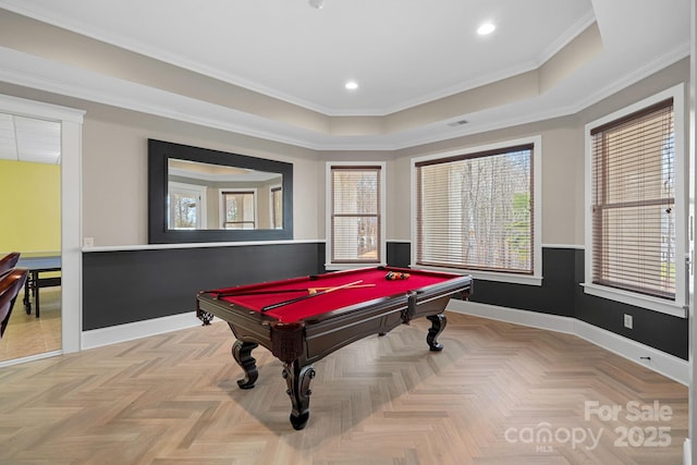 game room featuring recessed lighting, billiards, baseboards, ornamental molding, and a raised ceiling