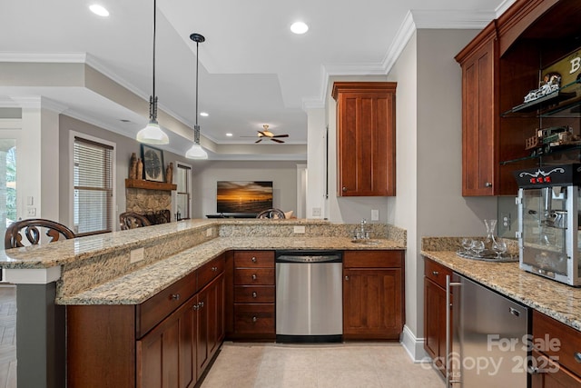 kitchen featuring dishwasher, a peninsula, crown molding, a stone fireplace, and open shelves