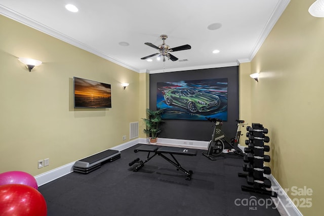 exercise room with recessed lighting, visible vents, crown molding, and baseboards