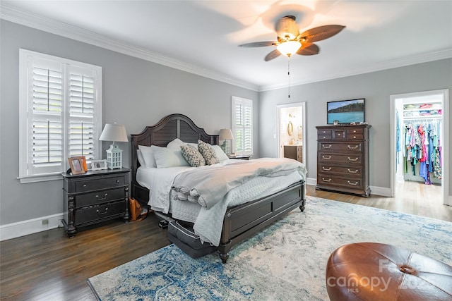 bedroom featuring dark hardwood / wood-style floors, ornamental molding, a spacious closet, ceiling fan, and ensuite bath