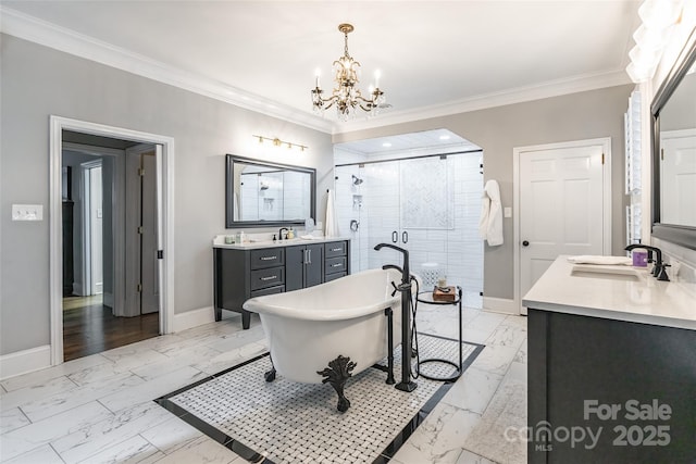 bathroom featuring crown molding, vanity, shower with separate bathtub, and a notable chandelier