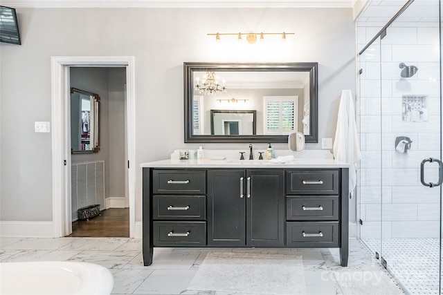 bathroom with vanity, a shower with door, and ornamental molding