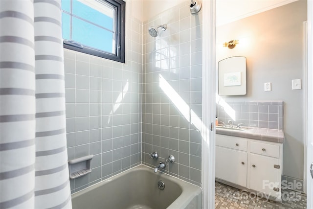 bathroom with vanity, ornamental molding, and shower / bath combo with shower curtain