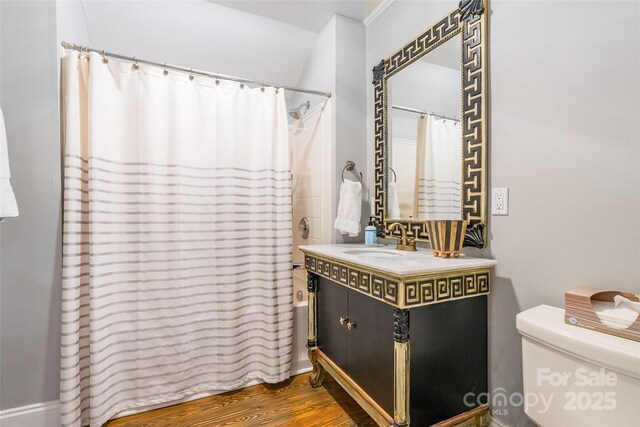 bathroom featuring vanity, hardwood / wood-style flooring, and toilet