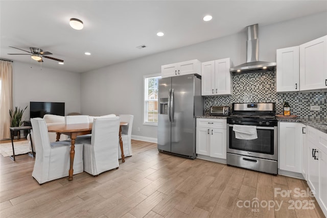 kitchen featuring white cabinetry, wall chimney exhaust hood, and appliances with stainless steel finishes