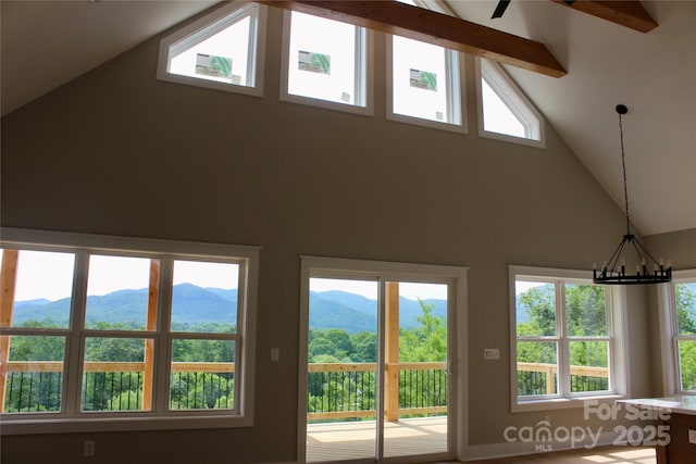 122 Chepstow Pl, Black Mountain, NC 28711 - detailed view of mountains, a chandelier, and beamed ceiling