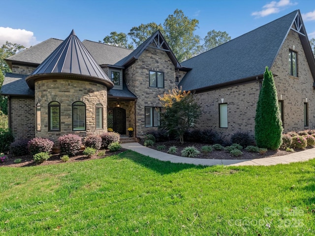 view of front facade featuring a standing seam roof, metal roof, a front lawn, and roof with shingles