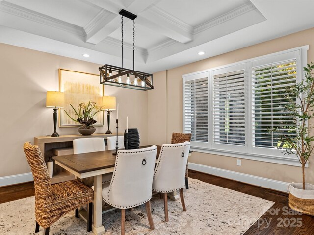 dining space with beam ceiling, ornamental molding, wood finished floors, coffered ceiling, and baseboards