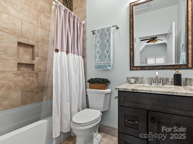 full bathroom with vanity, toilet, ceiling fan, and shower / bath combo with shower curtain