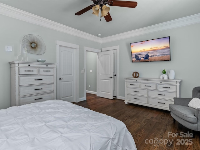 bedroom with dark wood-type flooring, ceiling fan, ornamental molding, and two closets