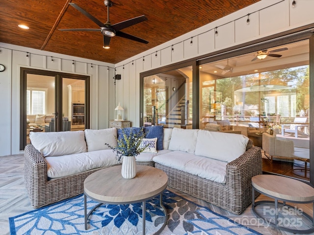 view of patio / terrace featuring a ceiling fan and an outdoor hangout area