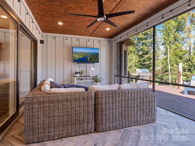 living room with ceiling fan, wood ceiling, and recessed lighting