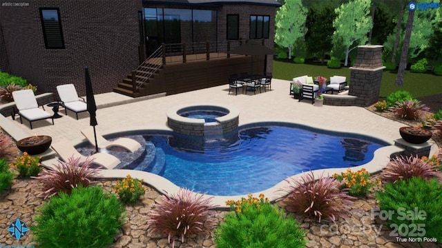 view of swimming pool with an in ground hot tub, an outdoor living space, and a patio