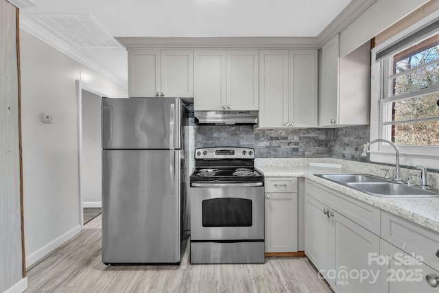 kitchen with sink, crown molding, light hardwood / wood-style flooring, appliances with stainless steel finishes, and backsplash