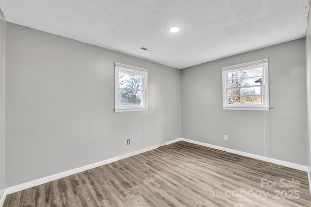 spare room featuring wood-type flooring, a wealth of natural light, and a textured ceiling