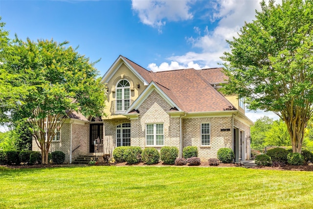 view of front of house with brick siding, a shingled roof, and a front yard