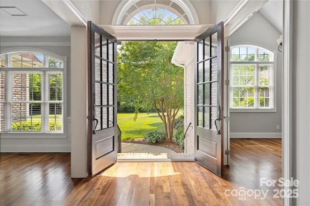 entryway with a wealth of natural light, baseboards, and wood finished floors