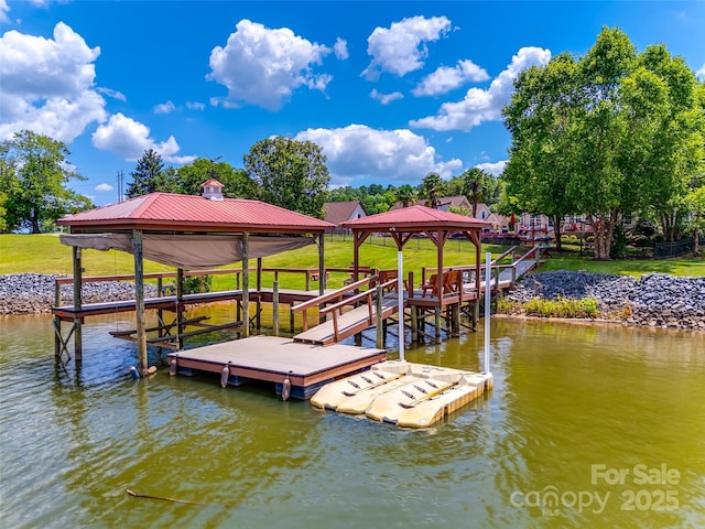 dock area featuring a water view and a gazebo