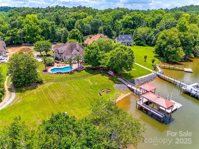 bird's eye view with a water view