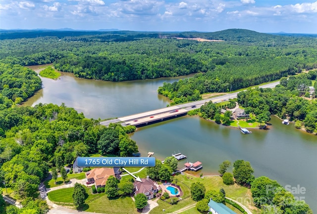 birds eye view of property with a water view and a forest view