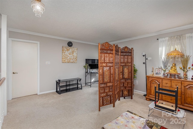 interior space with light carpet, ornamental molding, and a textured ceiling