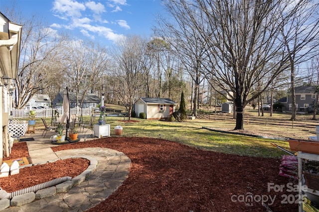 view of yard featuring a patio and a storage shed