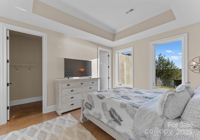 bedroom with a raised ceiling, crown molding, a spacious closet, and access to exterior