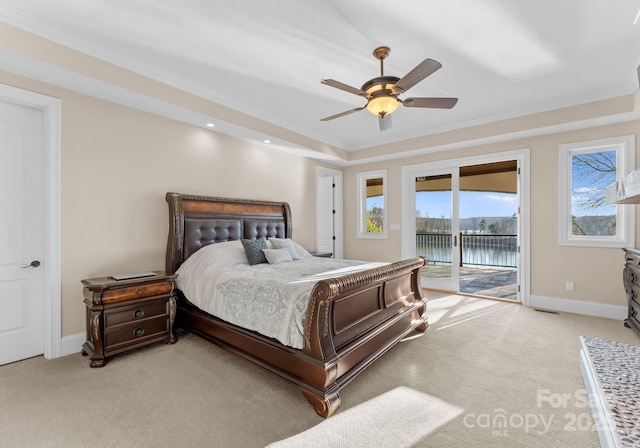 bedroom with light carpet, baseboards, access to outside, and ceiling fan